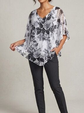 Britany Black size L Sheer V-Neck Floral Lace Poncho Top - Black & White